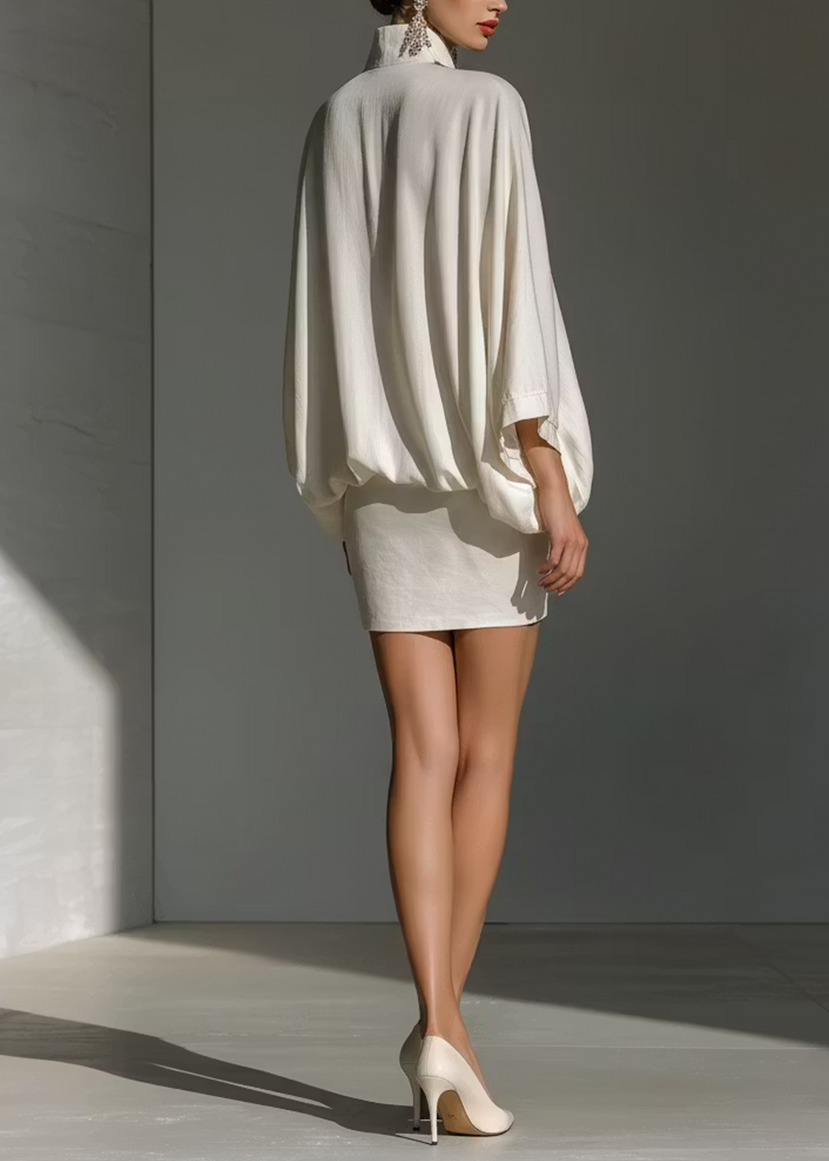 Conjunto elegante blanco con cuello en V y minifalda holgada