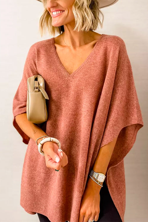Suéter tipo poncho liso de corte holgado con cuello en V, muy elegante