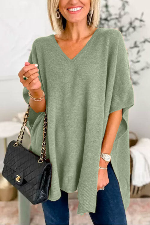 Suéter tipo poncho liso de corte holgado con cuello en V, muy elegante