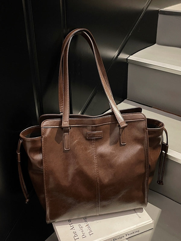 Bolso tote vintage de cuero encerado al aceite, de gran capacidad, para mujer, tipo bandolera