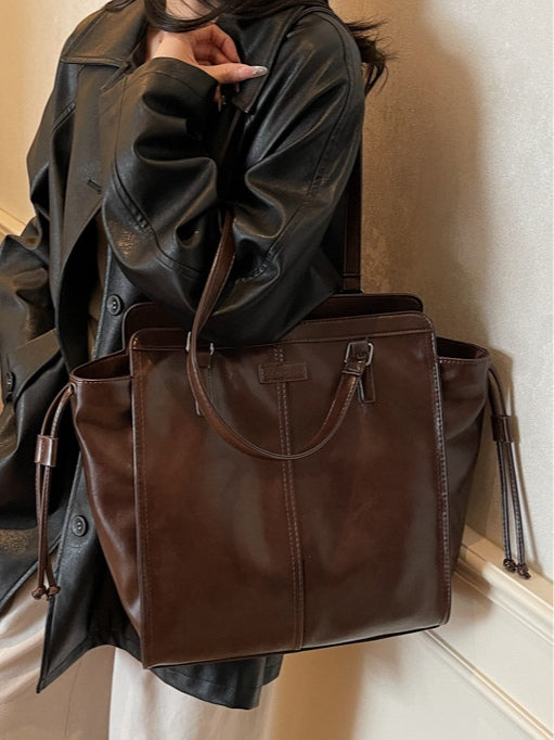 Bolso tote vintage de cuero encerado al aceite, de gran capacidad, para mujer, tipo bandolera
