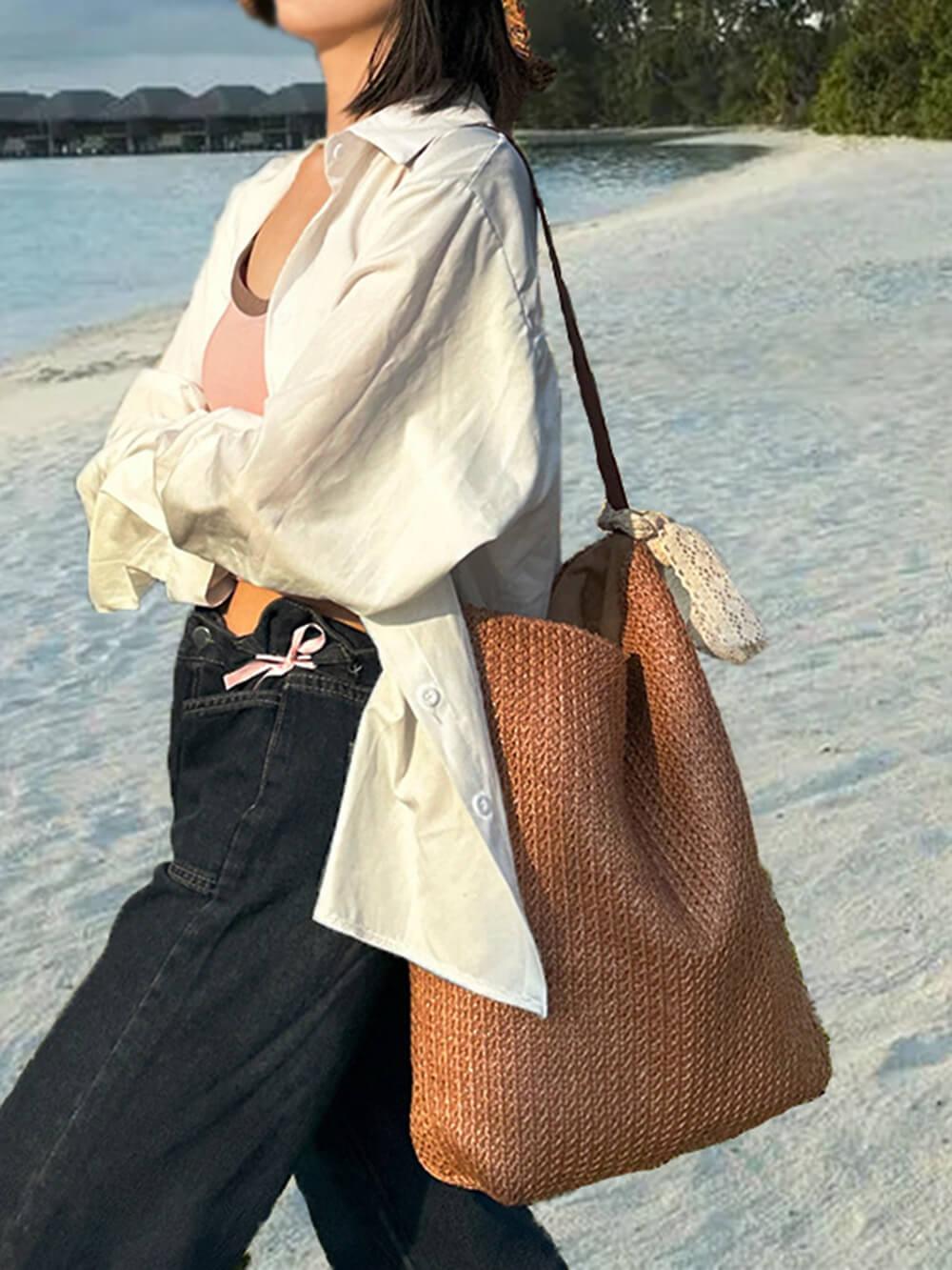 Bolso tote de hombro de paja estilo relajado para vacaciones