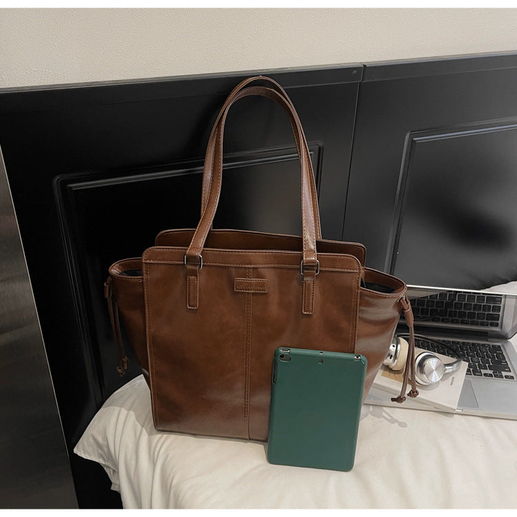 Bolso tote vintage de cuero encerado al aceite, de gran capacidad, para mujer, tipo bandolera