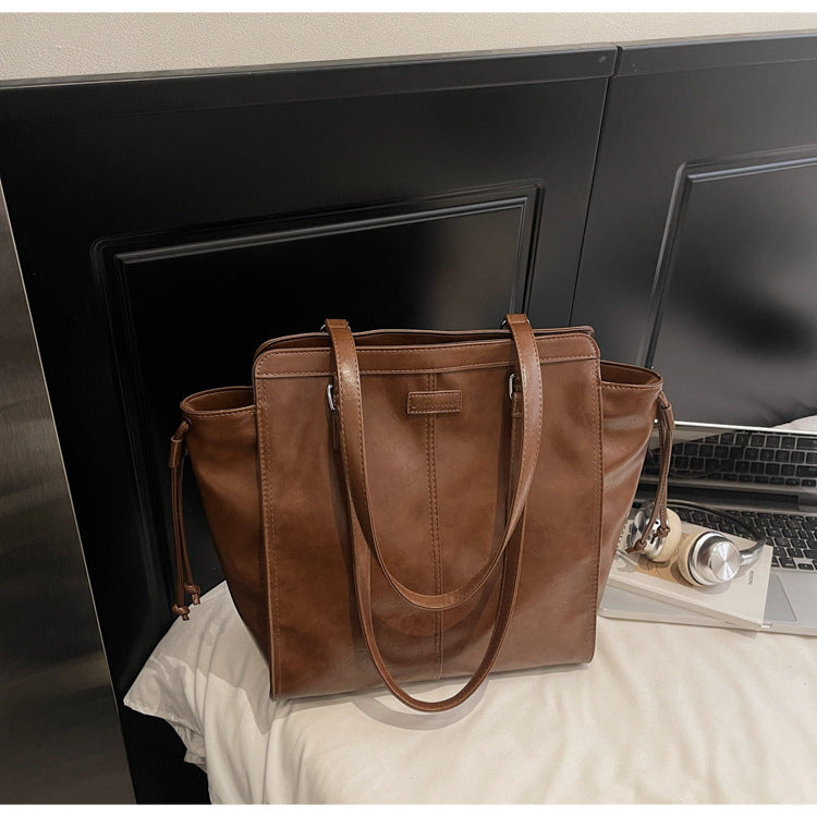 Bolso tote vintage de cuero encerado al aceite, de gran capacidad, para mujer, tipo bandolera