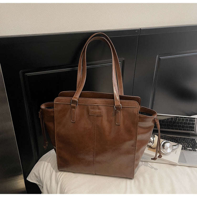 Bolso tote vintage de cuero encerado al aceite, de gran capacidad, para mujer, tipo bandolera