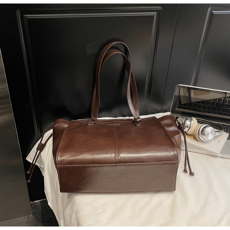 Bolso tote vintage de cuero encerado al aceite, de gran capacidad, para mujer, tipo bandolera