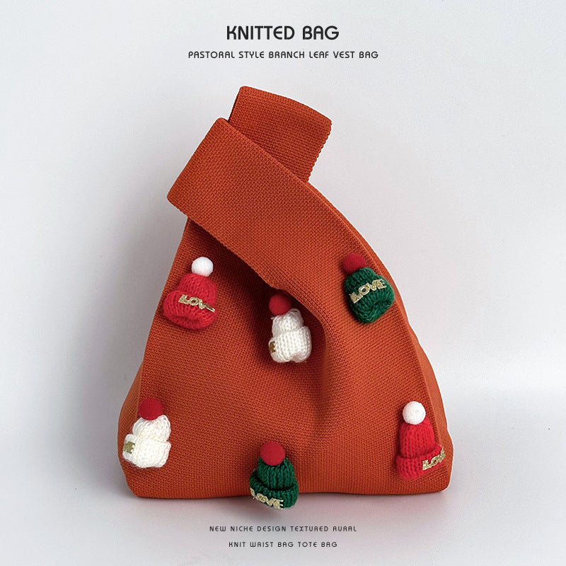 Gorro navideño hecho a mano, bolsa tejida bonita con pulsera