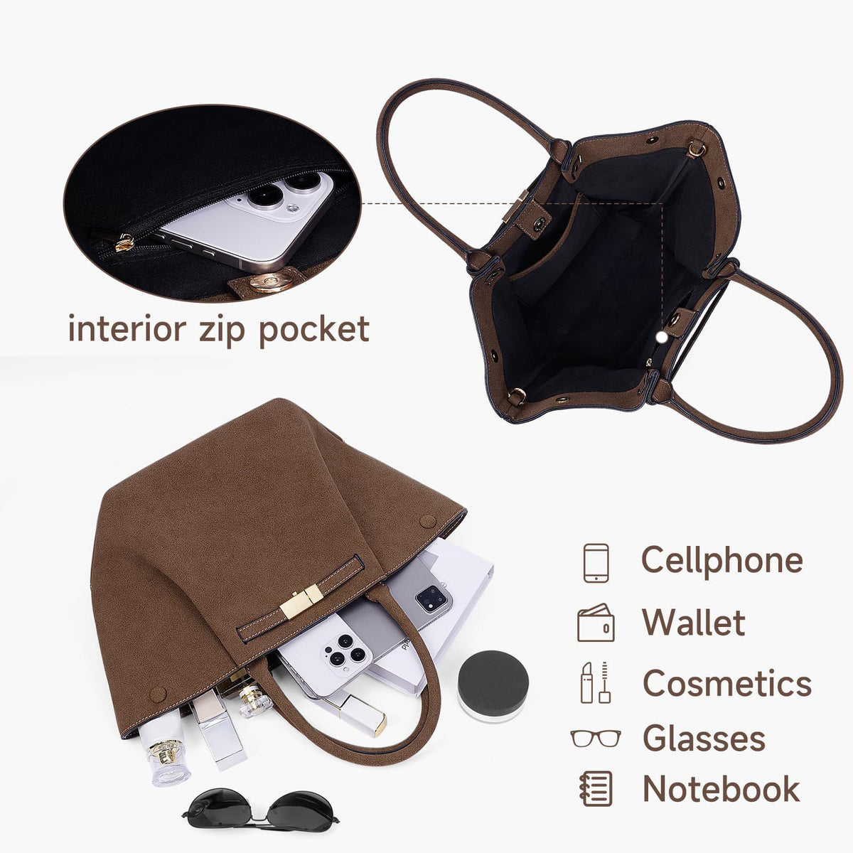 Bolso tote vintage versátil de gamuza sintética