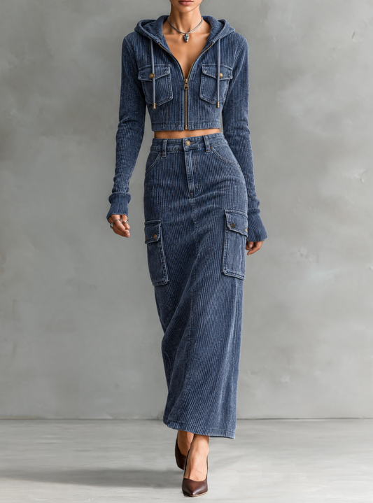Conjunto para mujer de chaqueta corta con capucha y falda de pana con efecto desgastado, estilo vintage