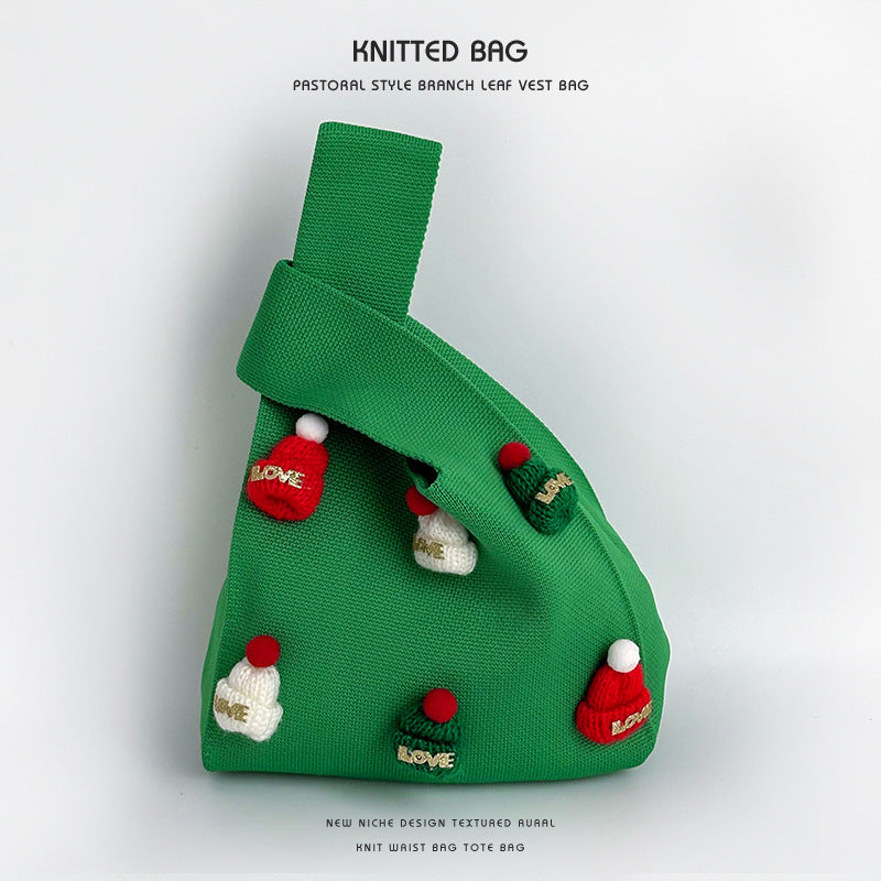 Gorro navideño hecho a mano, bolsa tejida bonita con pulsera