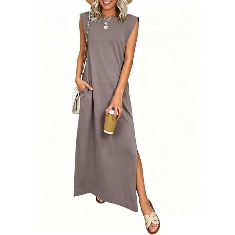 Vestido largo casual sin mangas con cuello redondo