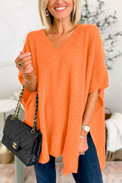Suéter tipo poncho liso de corte holgado con cuello en V, muy elegante