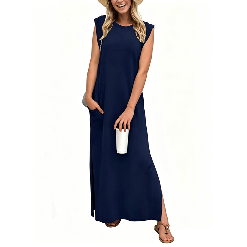 Vestido largo casual sin mangas con cuello redondo