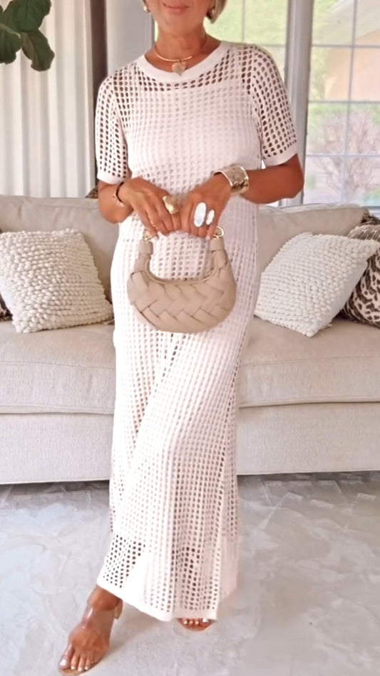 Elegante vestido de dos piezas con cuello barco, diseño calado y tejido ligero