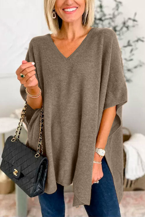 Suéter tipo poncho liso de corte holgado con cuello en V, muy elegante