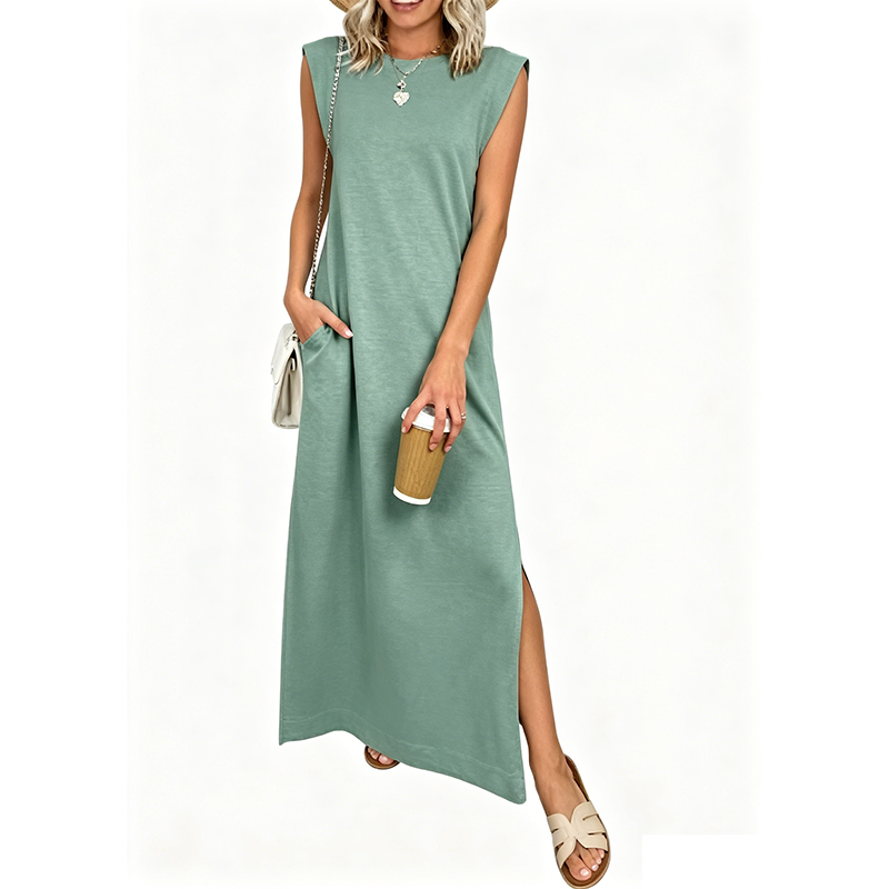 Vestido largo casual sin mangas con cuello redondo