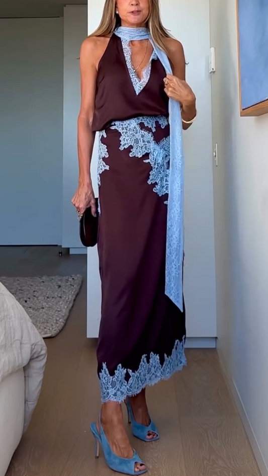 Conjunto elegante de top con panel de encaje marrón y azul y falda