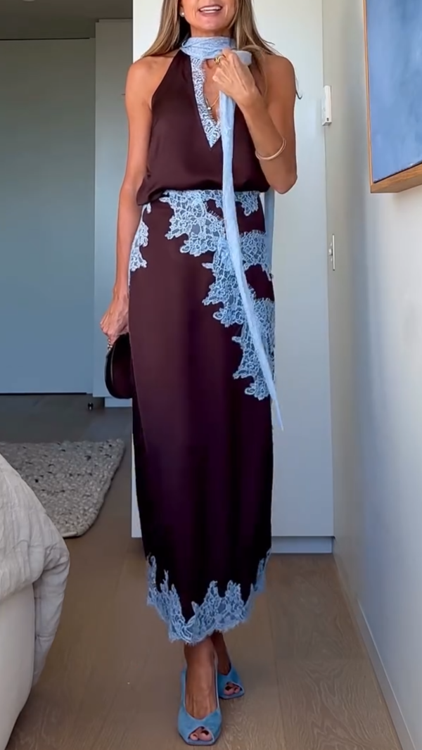 Conjunto elegante de top con panel de encaje marrón y azul y falda