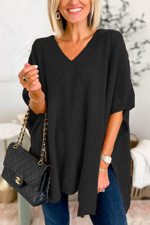 Suéter tipo poncho liso de corte holgado con cuello en V, muy elegante