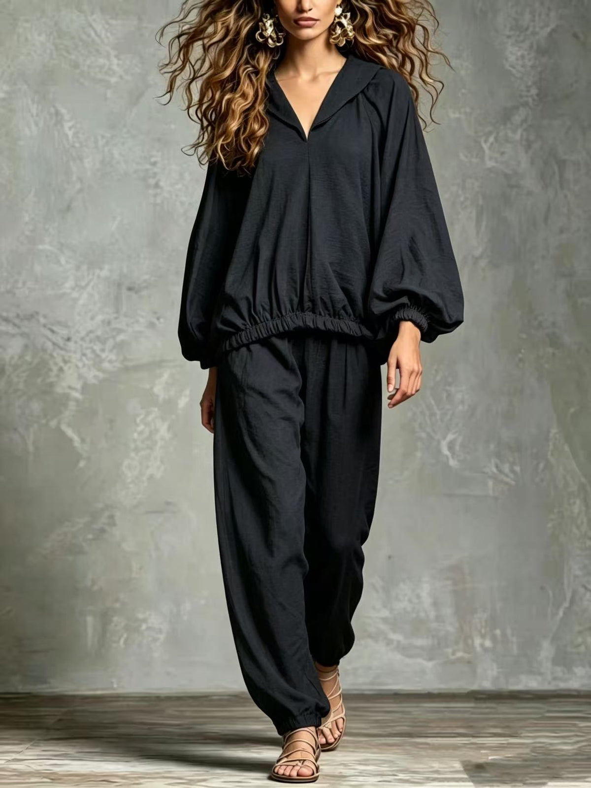 Conjunto holgado de pantalón casual chic con cuello en V y mangas farol