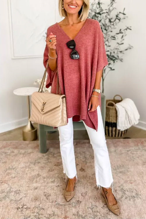 Suéter tipo poncho liso de corte holgado con cuello en V, muy elegante