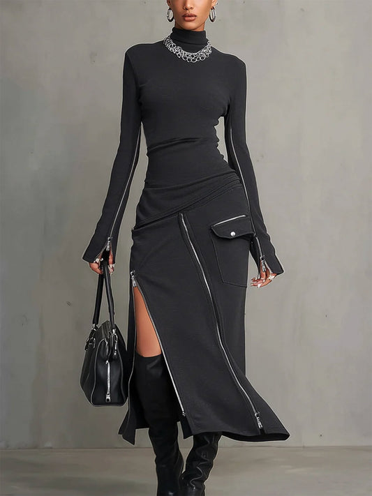 Conjunto de cuello alto con diseño irregular y bolsillos con cremallera