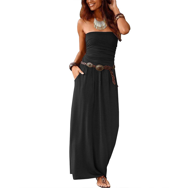 Vestido plisado sin mangas con hombros descubiertos