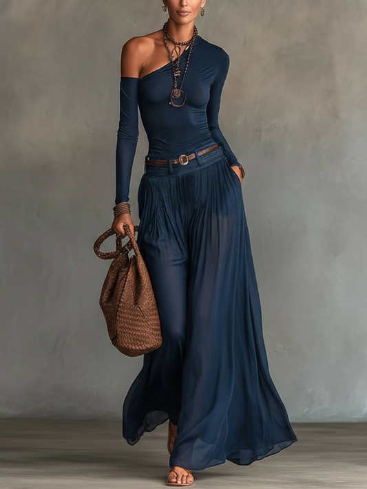 Conjunto de dos piezas: top azul marino de un solo hombro y falda de tul transparente (con cinturón)