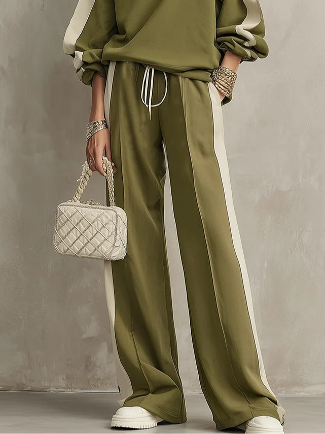 Conjunto casual de sudadera verde oliva de cuello redondo y pantalones de pierna ancha con cordón