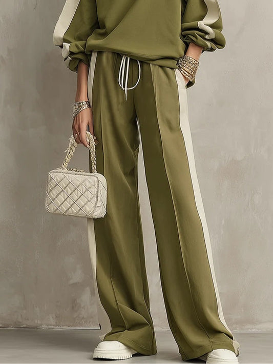 Conjunto casual de sudadera verde oliva de cuello redondo y pantalones de pierna ancha con cordón