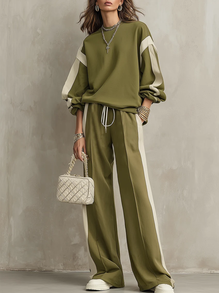 Conjunto casual de sudadera verde oliva de cuello redondo y pantalones de pierna ancha con cordón