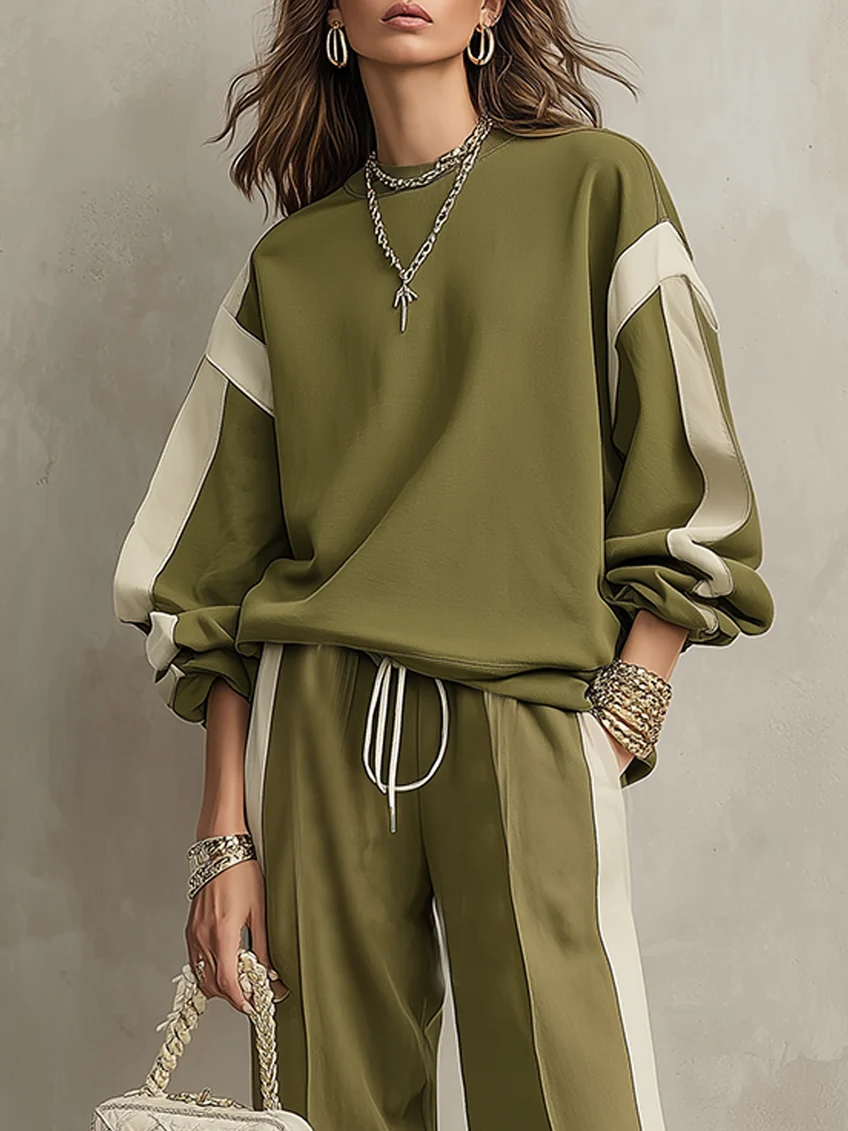 Conjunto casual de sudadera verde oliva de cuello redondo y pantalones de pierna ancha con cordón
