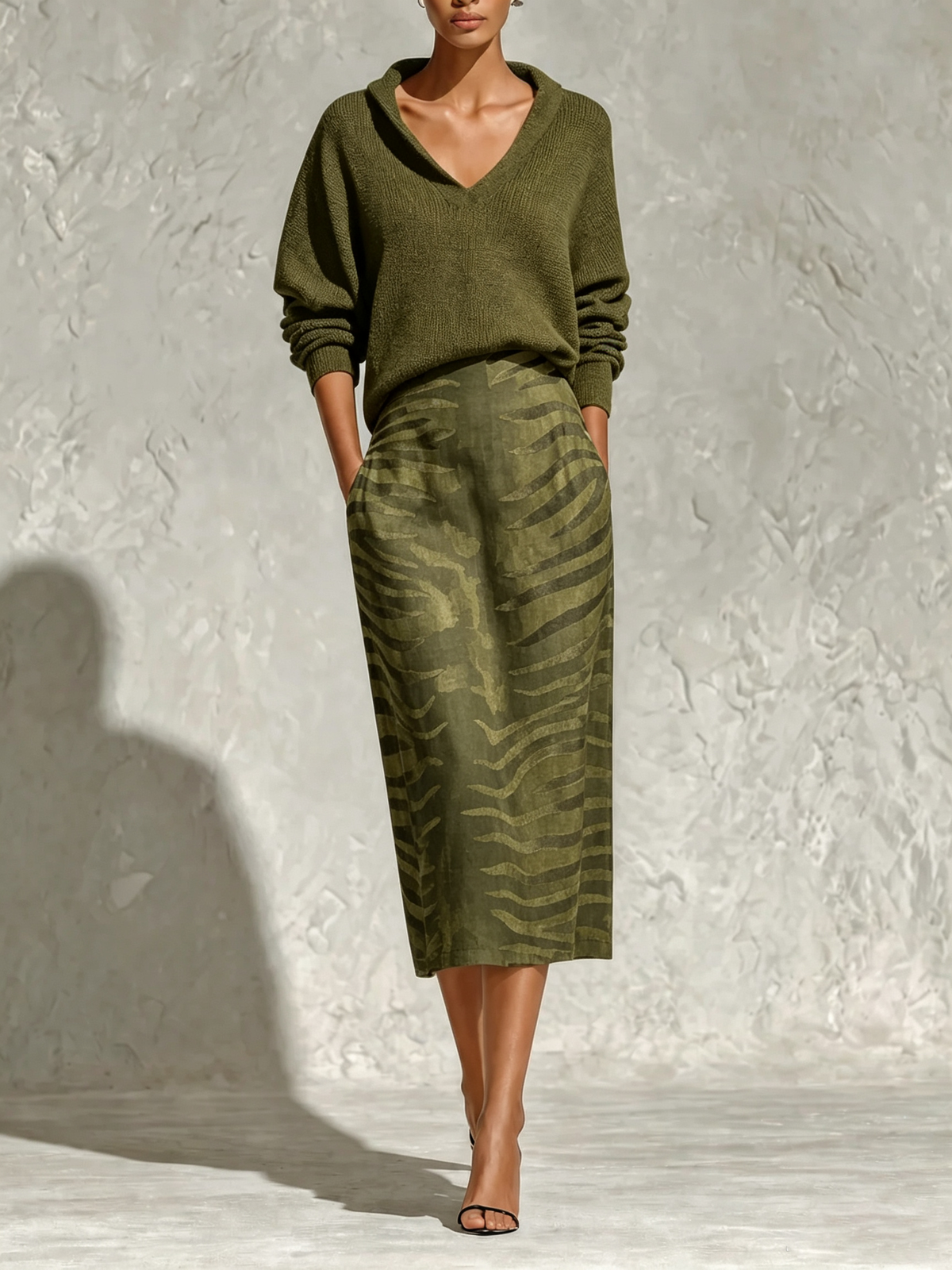 Conjunto de dos piezas con top de punto verde oliva con cuello y falda midi de lino con estampado de cebra