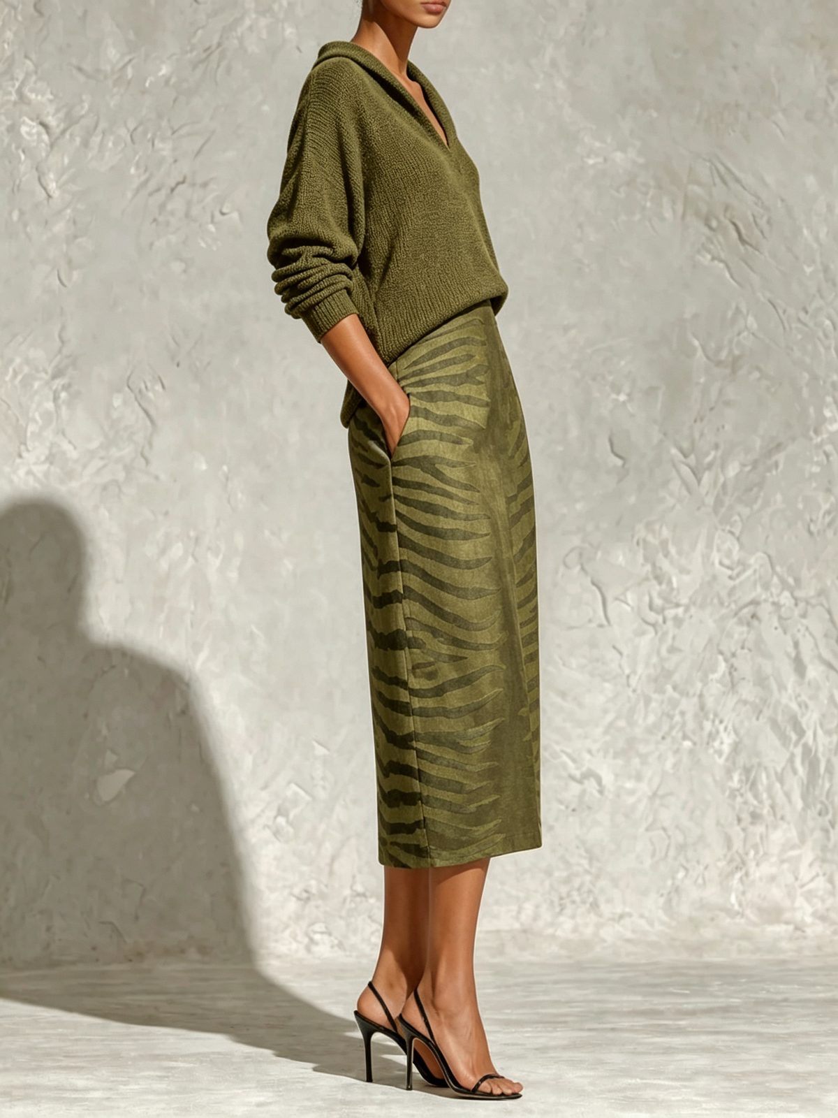 Conjunto de dos piezas con top de punto verde oliva con cuello y falda midi de lino con estampado de cebra