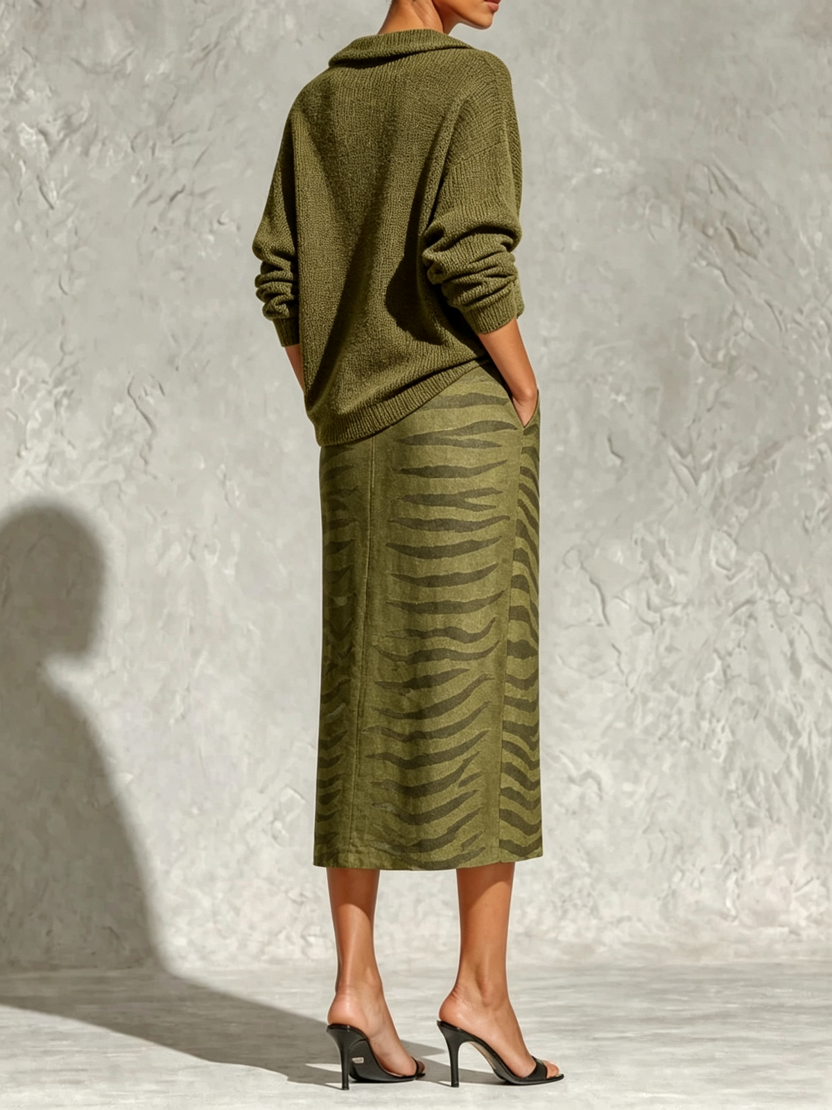 Conjunto de dos piezas con top de punto verde oliva con cuello y falda midi de lino con estampado de cebra