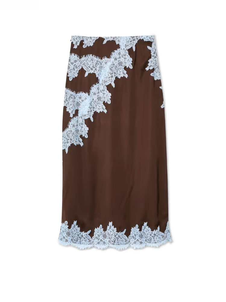Conjunto elegante de top con panel de encaje marrón y azul y falda