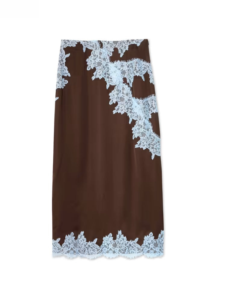 Conjunto elegante de top con panel de encaje marrón y azul y falda