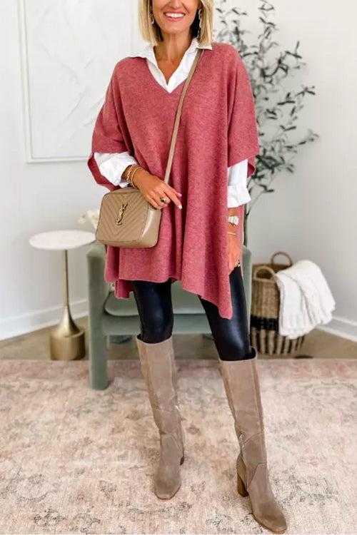 Suéter tipo poncho liso de corte holgado con cuello en V, muy elegante