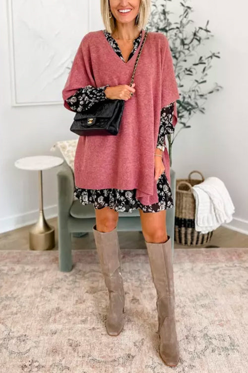 Suéter tipo poncho liso de corte holgado con cuello en V, muy elegante