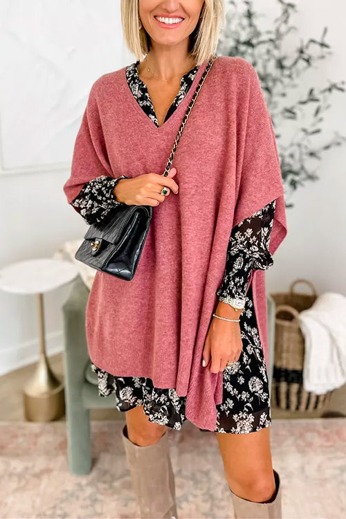 Suéter tipo poncho liso de corte holgado con cuello en V, muy elegante