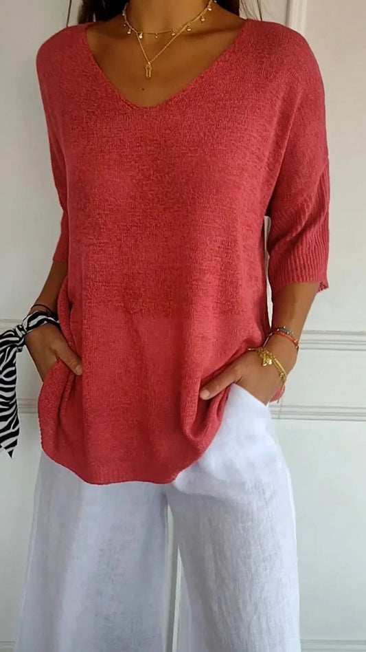 Top de punto de color liso con cuello de pico
