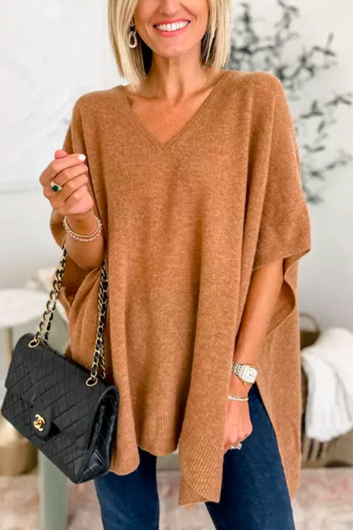 Suéter tipo poncho liso de corte holgado con cuello en V, muy elegante