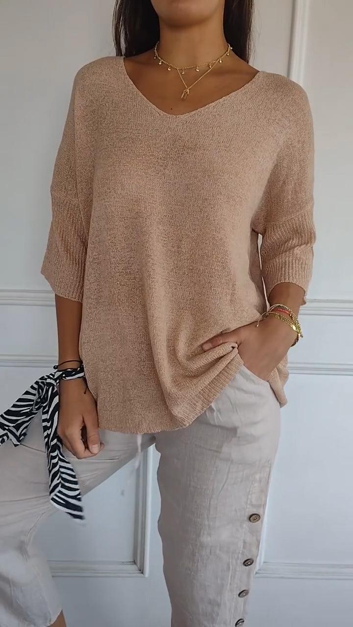 Top de punto de color liso con cuello de pico